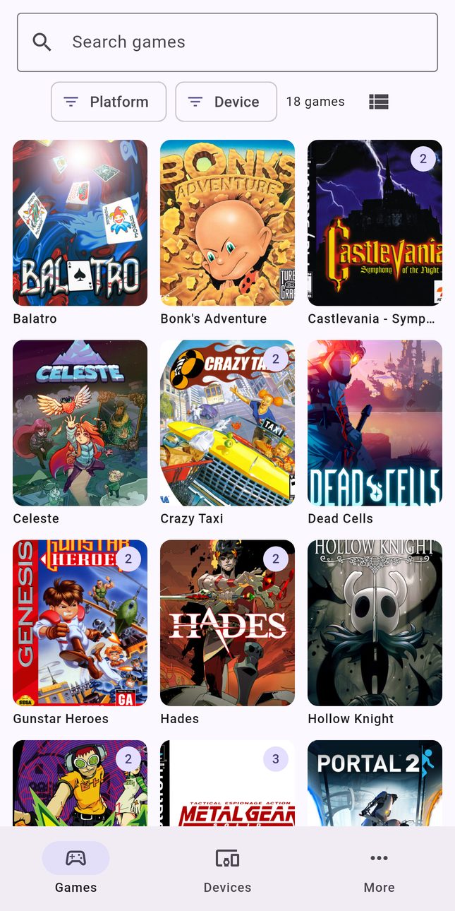 The Games tab: a grid of game covers from every device, with a badge on games that are on more than one device