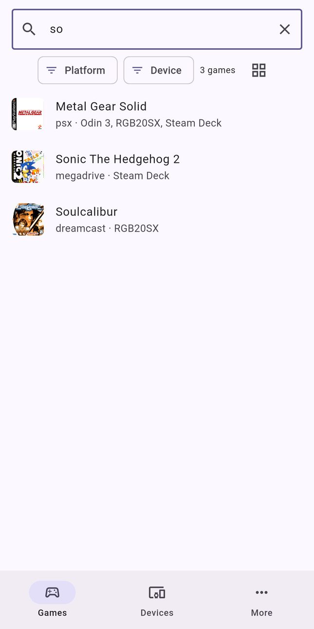 A search for 'so' listing Metal Gear Solid on Odin 3, RGB20SX, and Steam Deck, Sonic The Hedgehog 2 on Steam Deck, and Soulcalibur on RGB20SX