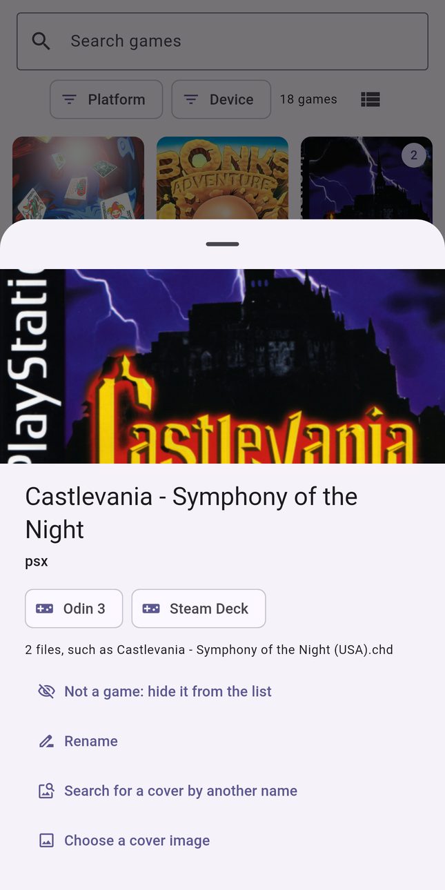 A game's page showing it is on Odin 3 and Steam Deck, with actions to hide it, rename it, or change its cover